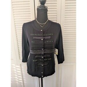 NEW tags Relativity Cardigan Women Petite M Black Embellished Satin Trim Sweater